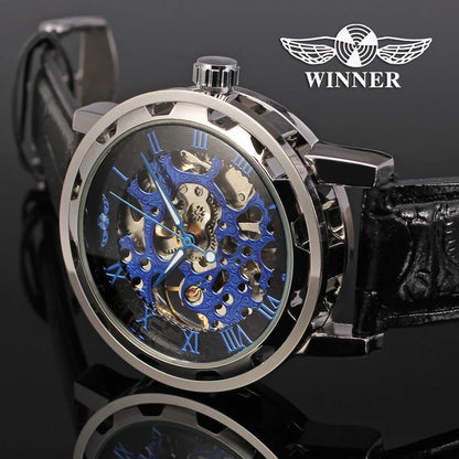 T-Winner Classic Skeleton Watch – Mechanical Hand-Wind Wristwatch with PU Leather Strap for Men & Women