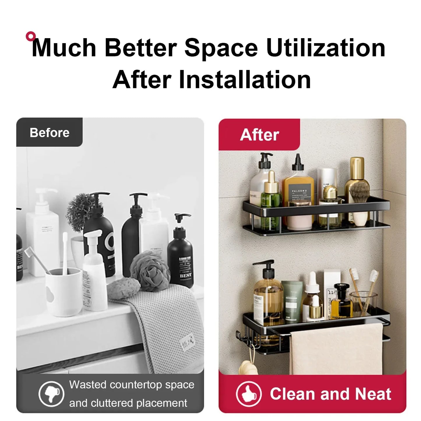 No Drill Wall-Mounted Bathroom Shelf, Shampoo Bottle Shower Corner Rack, Aluminum Toilet & Kitchen Storage Accessory
