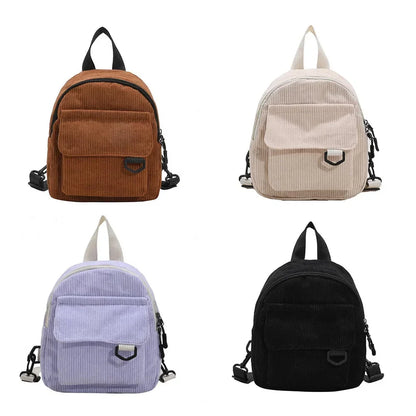 Women's Mini Backpack - Fashionable Solid Color Corduroy Casual Schoolbag with Large Capacity