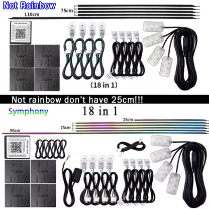 6/10/14/18-in-1 LED Car Ambient Lights – RGB 213 64-Color Acrylic Strips, Rainbow Symphony Streamer Interior Atmosphere Lamp Kit