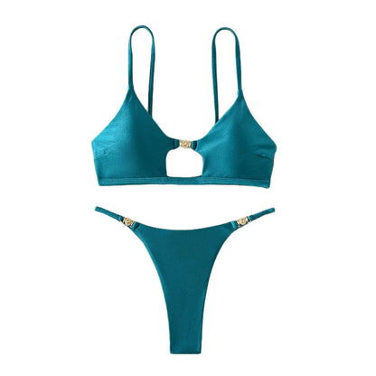 Sexy Shiny High Cut Bikini Set - Women's Push Up Triangle Top Brazilian Cheeky Bottom Swimwear