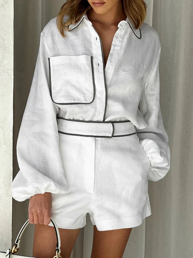 Summer Women’s Elegant Two-Piece Set – Cotton Linen Long-Sleeve Shirt & Shorts, Black & White Contrast