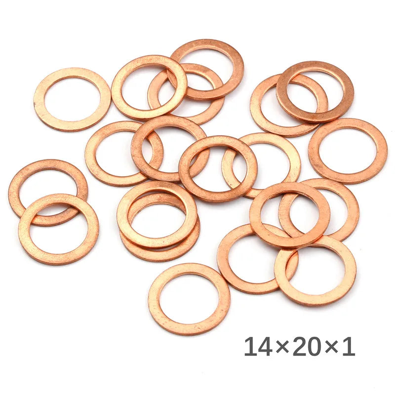 Multi-Size Solid Copper Washers Set (M6–M20) – Flat Ring Gasket Spacer Fastener Hardware 20/50pcs Durable Sealing Rings