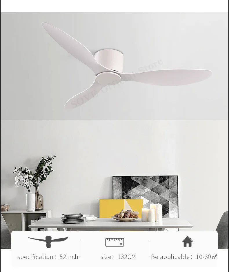 SOVE Modern Black & White Low Floor Ceiling Fan – 30W DC Motor with Remote Control, No Light, 220V