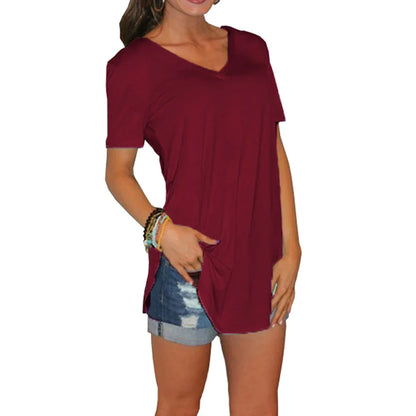 Women’s Summer V-Neck Blouse – Short Sleeve Loose Solid Color T-Shirt with Curved Hem