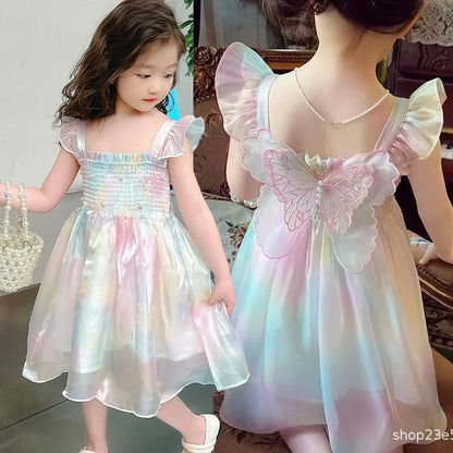 Girls Butterfly Princess Dress - Pearl Lace Mesh Gradient Rainbow Party Gown for Ages 1-8