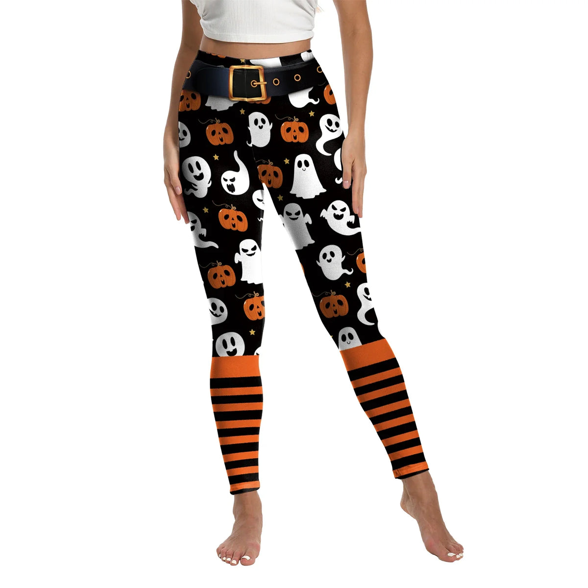 Women’s Halloween Leggings - Spooky Pumpkin Stripe Graphic Stretch Pants for Parties & Workouts