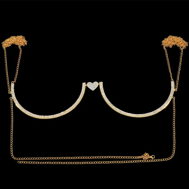Women’s Heart Rhinestone Body Chain Bra – Chest Jewelry Bikini Halter Top with Breast Support for Parties & Banquets