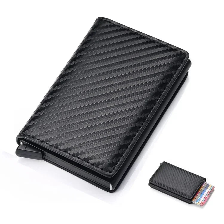 Carbon Fiber Credit Card Holder Wallet for Men - RFID Slim Pop-Up Metal Minimalist Case, Black
