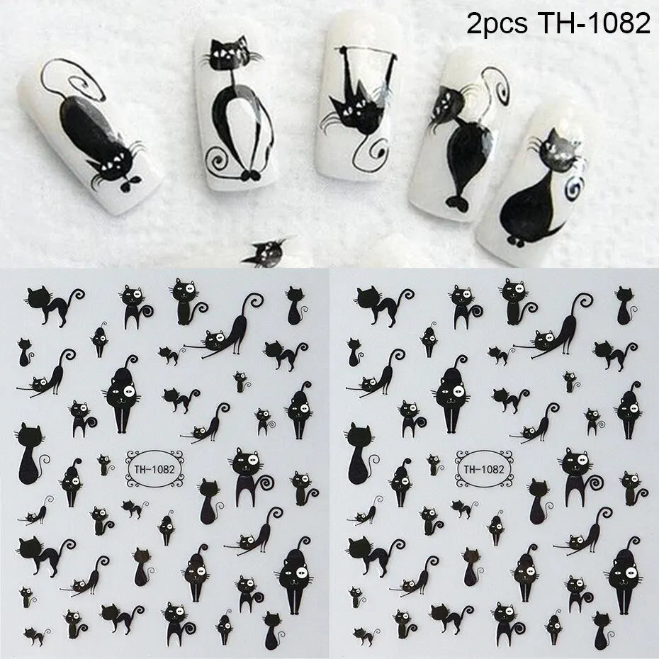 2PCS 3D Black Cat Nail Stickers - Cute Cartoon Self-Adhesive Nail Art Decals for Manicure