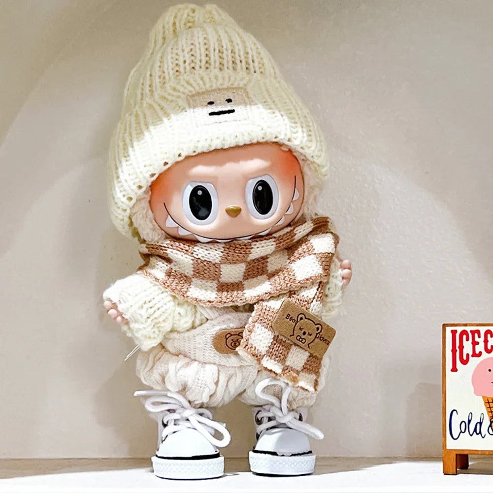 17cm Labubu V1/V2 Doll Outfit – Color Match Hoodie & Plaid Overalls Set | Fashion Doll Clothes & Accessories