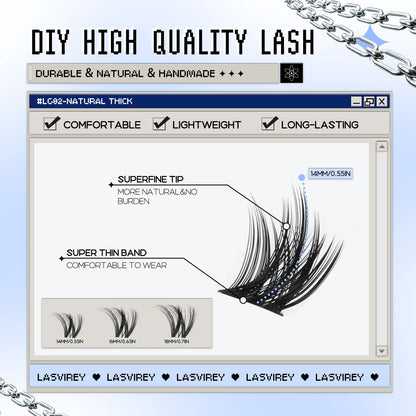 Lasvirey DIY Cluster Lashes Kit – 4-in-1 Fluffy Eyelash Extension Set with Lash Bond & Seal, Mixed Full Individual Lash Clusters