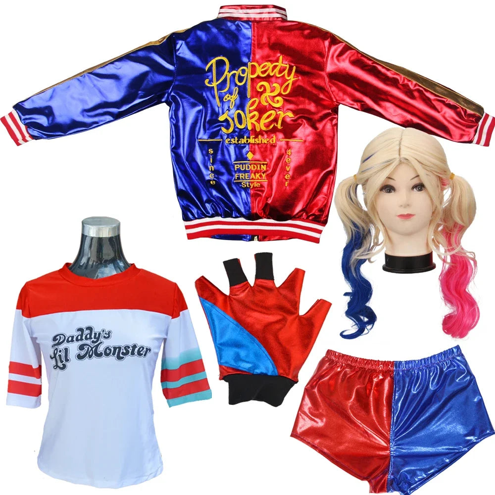 Adult Anime Robe Costume for Women with Quinn Wig, Joker T-Shirt and Jacket – Halloween Cosplay Outfit