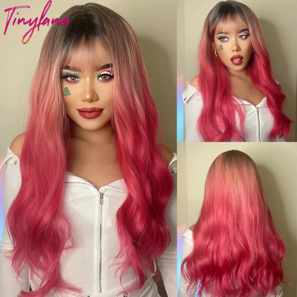 Orange Copper Ginger Long Wavy Synthetic Wig – Red & Yellow Wig with Bangs, Cosplay Body Wave, Heat-Resistant Hair for Women