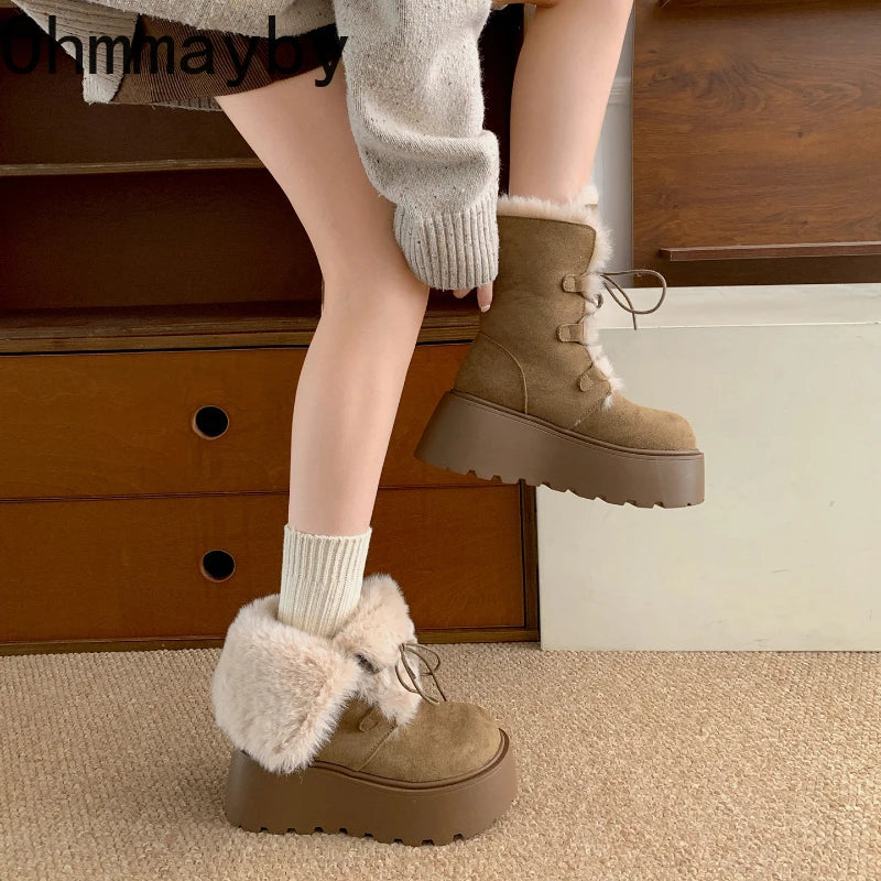 Women’s Winter Chunky Sole Fur Snow Boots – Cozy Height-Boosting Cotton Short Booties