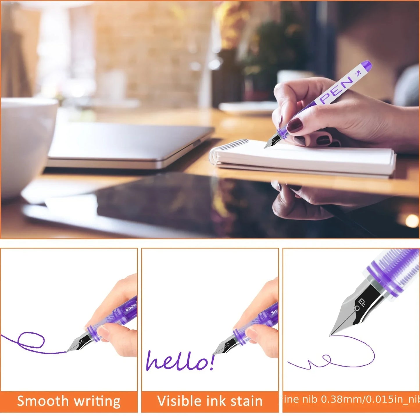 8PCS Disposable Fine Nib Fountain Pens - Assorted Colors Smooth Writing EF Nib with Visible Ink Supply