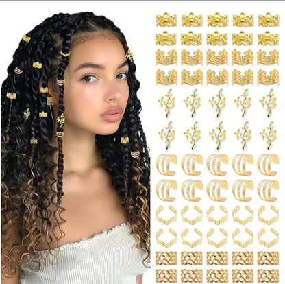 32-60PCS Human Hair Braiding Rings Kit — Gold, Silver & Wood Dreadlock Accessories Set for Men & Women Hair Styling