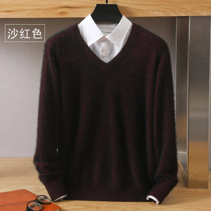 Men’s 100% Pure Mink Cashmere Sweater – V-Neck Knit Pullover, Long Sleeve Winter Jumper, Large Size High-End Top