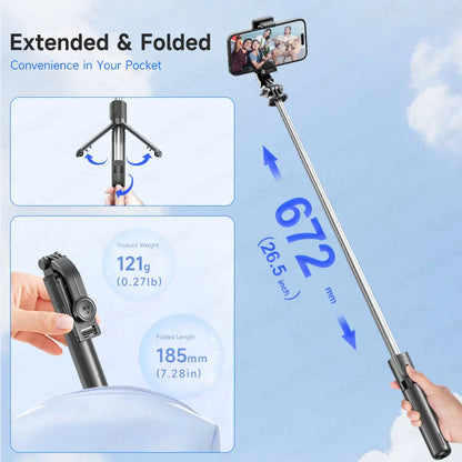 Bluetooth Selfie Stick Tripod with Wireless Remote and Phone Holder – Adjustable Desktop Stand for iPhone & Android, Optional Fill Light