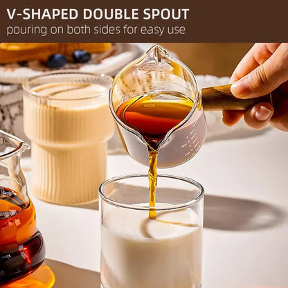 Glass Measuring Cup with Wood Handle – Clear Espresso and Milk Coffee Mug with Double Spout
