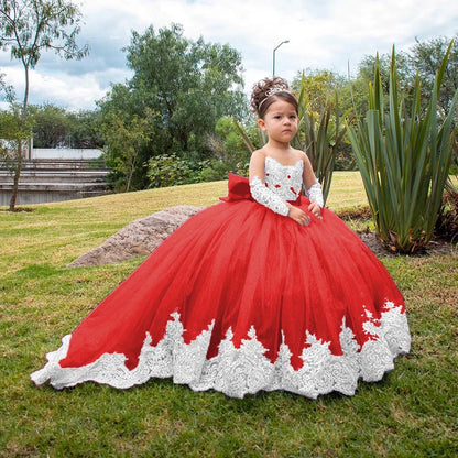 Flower Girl Wedding Dress - Long Sleeve Satin Bow Ball Gown for Toddlers & Girls