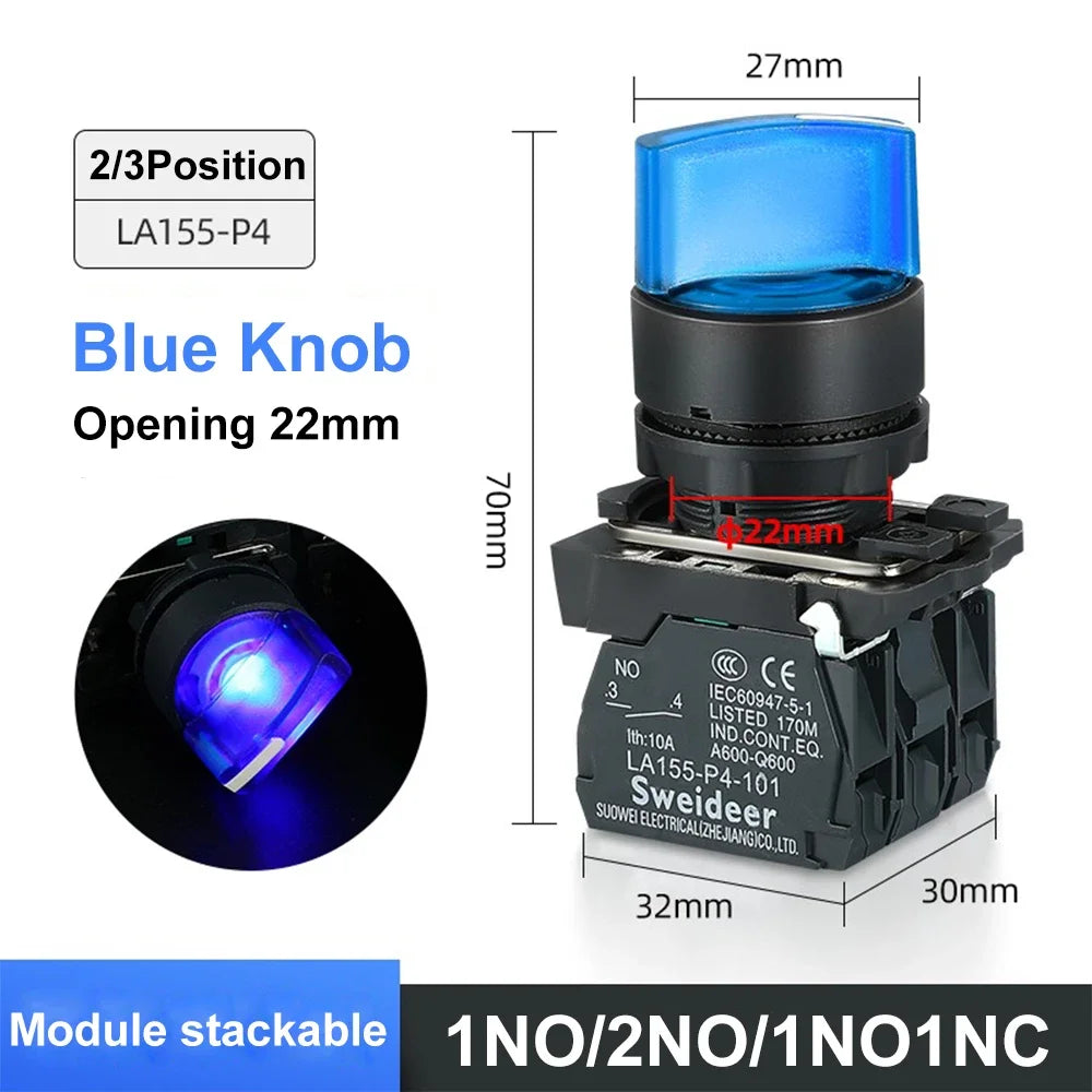 XB4 22mm LED Rotary Selector Switch – 1NO/2NO/1NO1NC Self-Locking 2/3 Position Control Knob 12V/24V/220V 10A Red Green Indicator