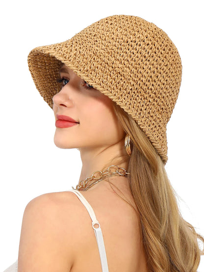 Women’s Summer Crochet Straw Bucket Hat – UV-Protect, Breathable Foldable Sunshade Cap for Beach & Outdoor Fashion