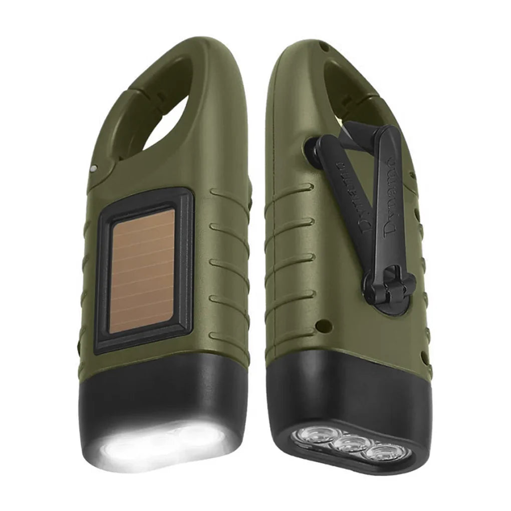 LED Flashlight Hand Crank Solar Powered Rechargeable - Survival Gear Self Powered Charging Torch Dynamo for Fishing, Boating, Hiking