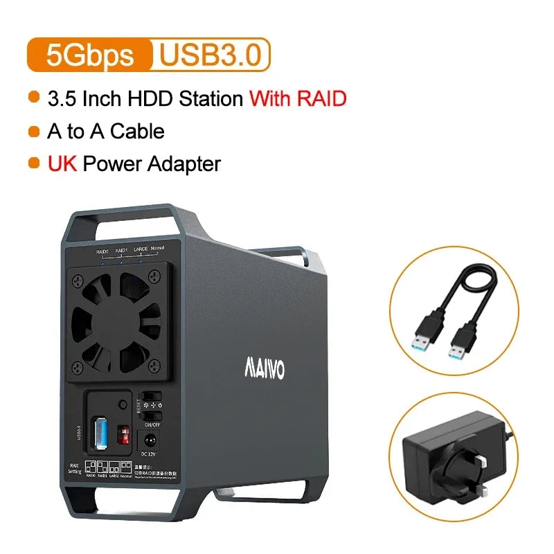 MAIWO 3.5 Inch Dual Bay External Hard Drive Enclosure – SATA Disk Array with 4 RAID Functions for 3.5 Inch HDD