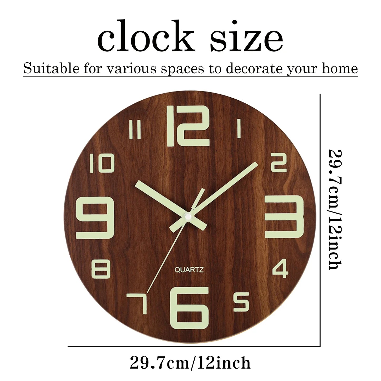 12-Inch Luminous Wall Clock — Nordic Wooden Silent Clock with Night Light, Non-Ticking Design for Dark Room