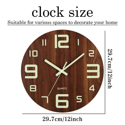 12-Inch Luminous Wall Clock — Nordic Wooden Silent Clock with Night Light, Non-Ticking Design for Dark Room