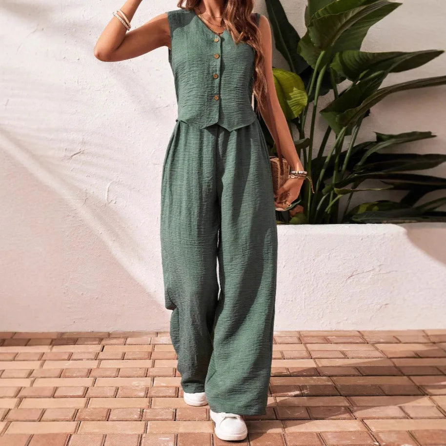 Women’s Summer Cotton Linen Two-Piece Set 2025 – V-Neck Button Vest Top & Casual Trousers Suit Shorts Pants Outfit Set