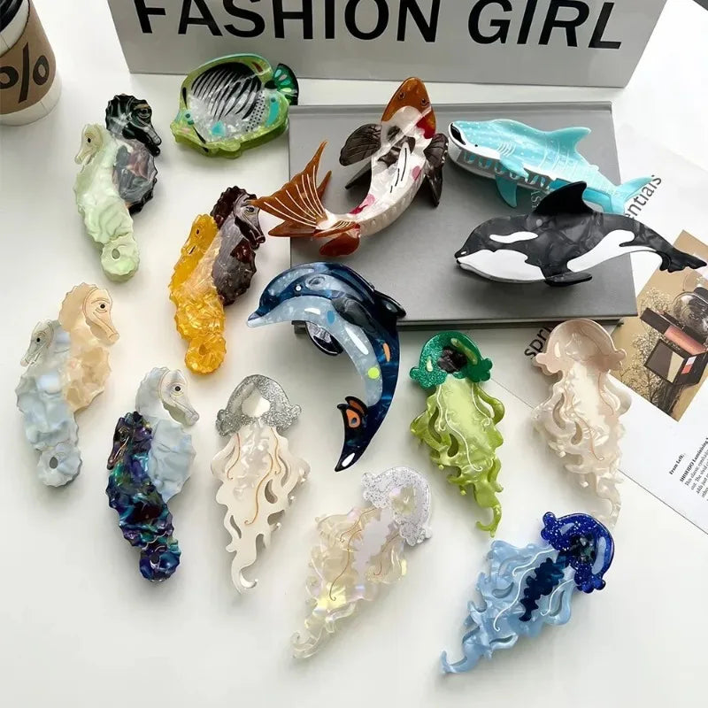 Ocean Beach Series Hair Claw | Hippocampus, Jellyfish & Dolphin Acetate Hair Clip for Women & Girls
