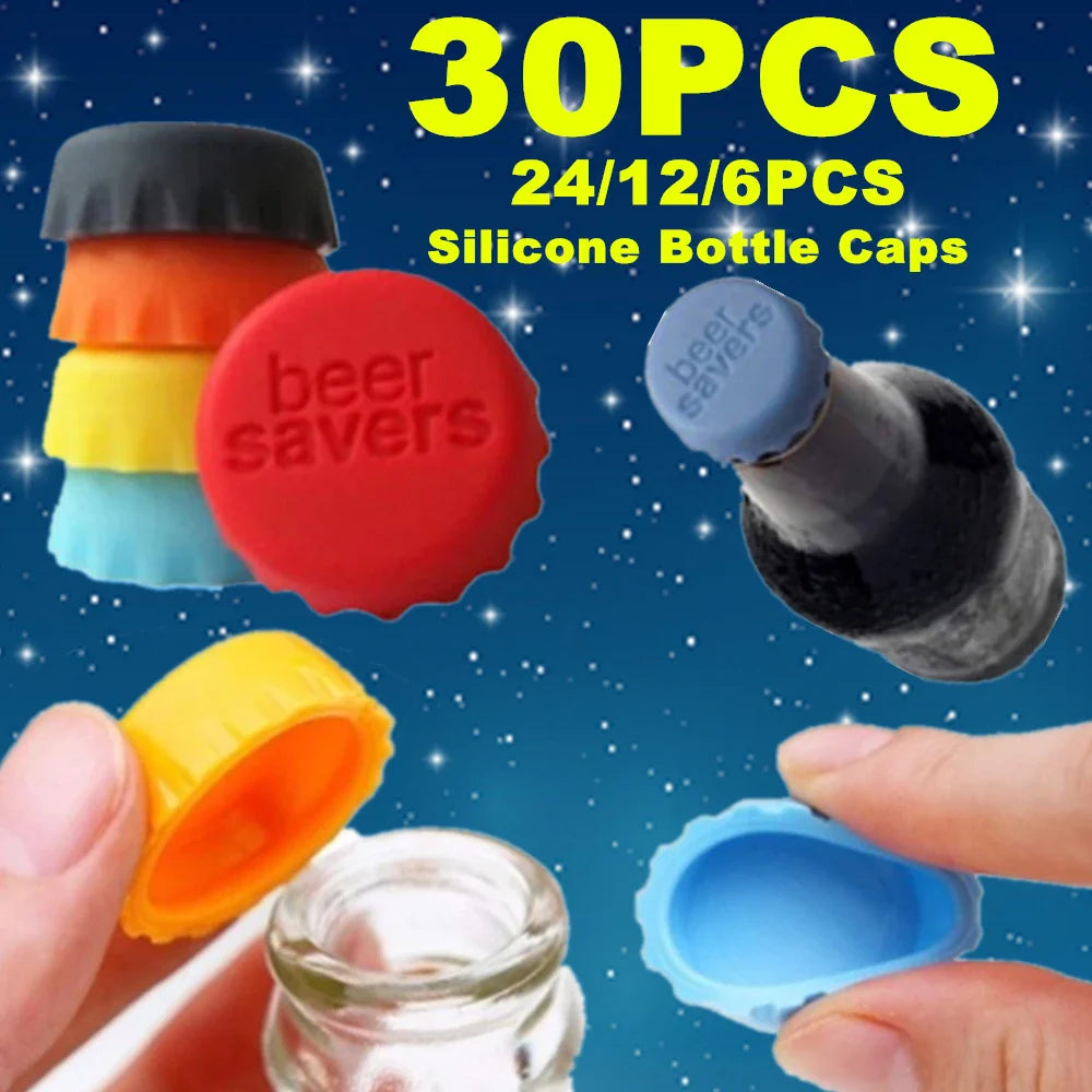 6/12/24/30pcs Reusable Silicone Bottle Caps - Fresh-Keeping Sealed Stopper for Beer, Vinegar, & Soy Sauce Bottles