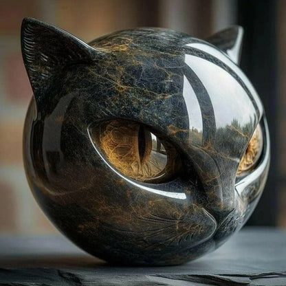 Black Cat Stone Figurine – Marble Texture Resin Cat Head Keepsake Desk Decor, Healing Style Home & Office Ornament