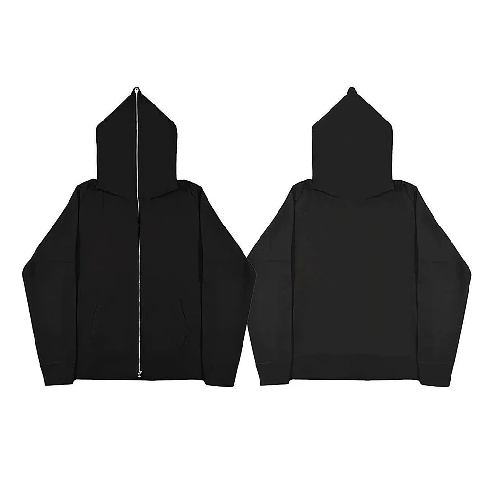 Men’s Harajuku Zip-Up Hoodie Jacket – Retro Black Oversized Long Sleeve Sweatshirt Coat