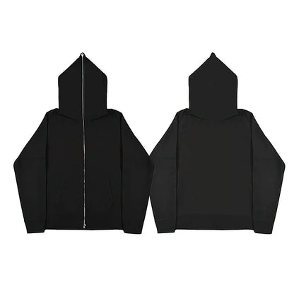 Men’s Harajuku Zip-Up Hoodie Jacket – Retro Black Oversized Long Sleeve Sweatshirt Coat