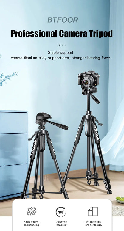 55" Aluminum Phone & Camera Tripod — Travel Self-Stand with Quick Plate Mount & Pan Head for Canon, Nikon DSLR & SLR Cameras