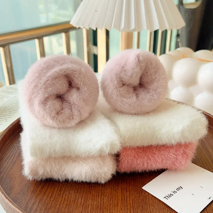 Thickened Pink Mink Fur Heart Embroidered Socks — Women’s Autumn Winter Warm Plush Mid-Tube Home Sleep Socks