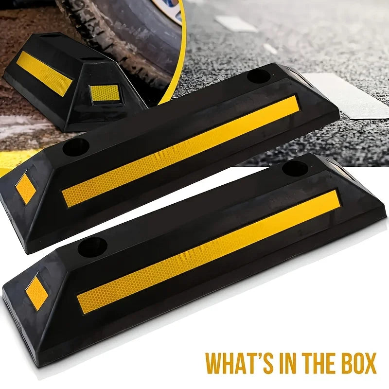 Car Wheel Stopper Parking Guide – Durable Rubber Garage Stopper with Yellow Strips, Fits All Vehicle Models