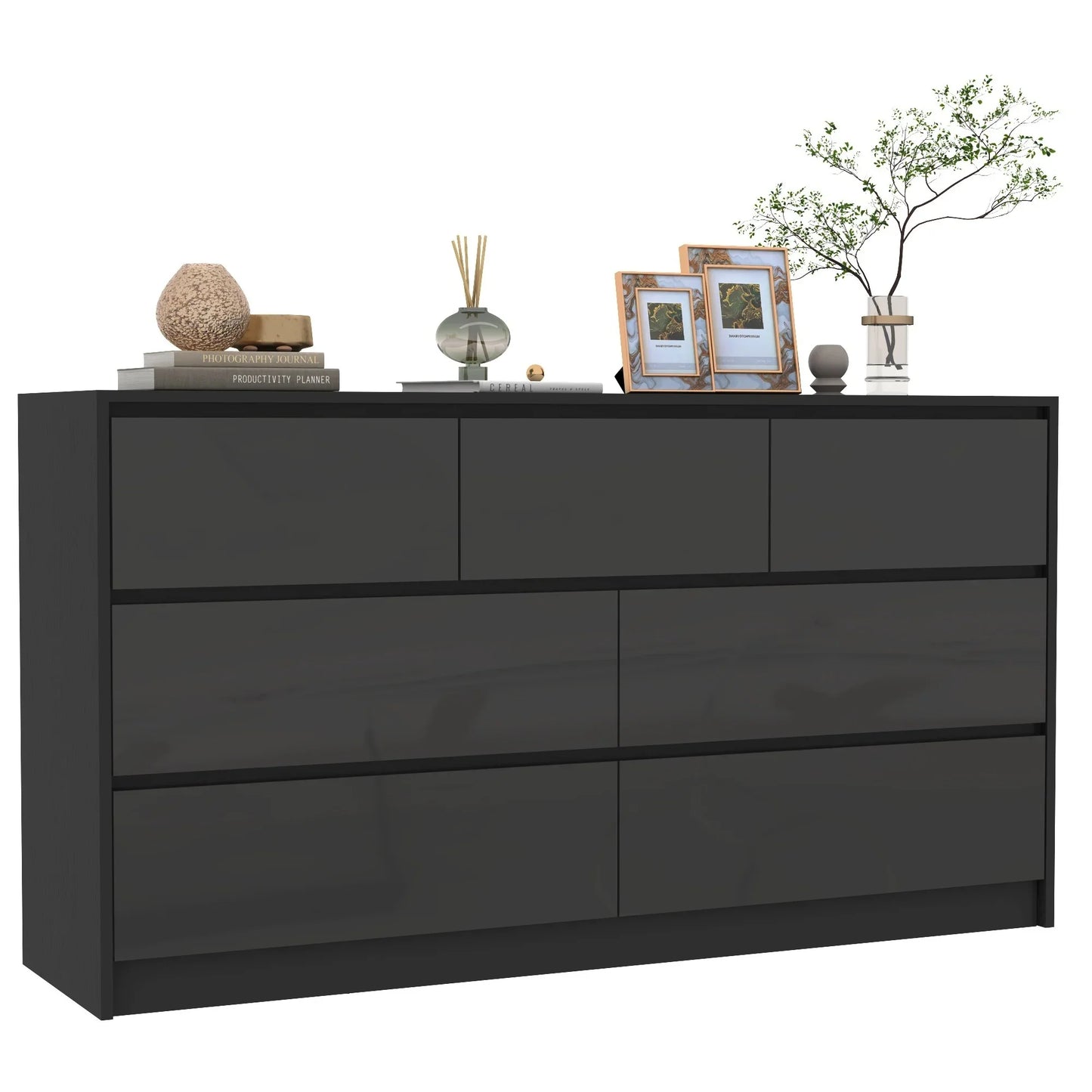 55-Inch Modern 7-Drawer Dresser – High Gloss White/Black Wooden Chest for Bedroom Storage