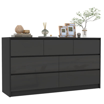 55-Inch Modern 7-Drawer Dresser – High Gloss White/Black Wooden Chest for Bedroom Storage