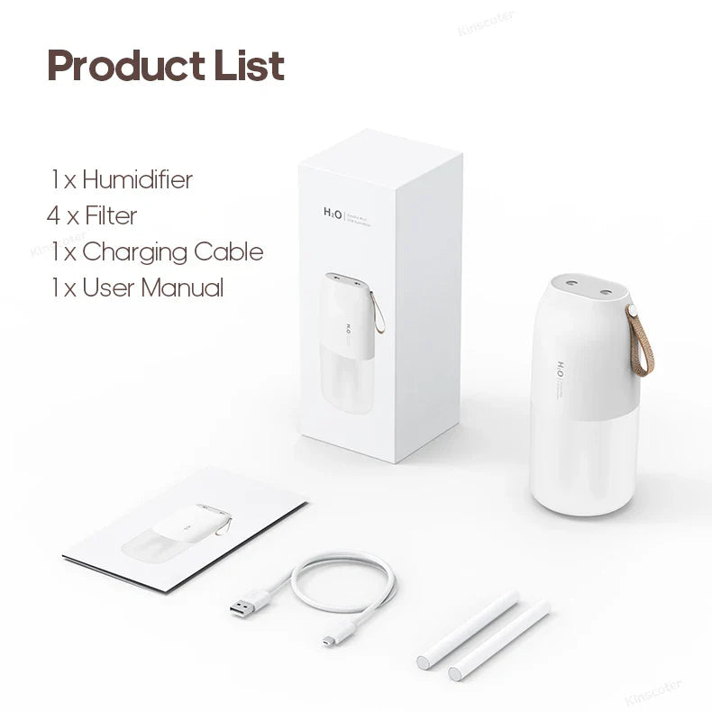 KINSCOTER Portable Double Mist Air Humidifier – 300ml Cold Mist Diffuser, 2000mAh Car Air Purifier & USB Mini Air Freshener