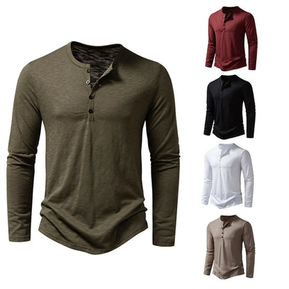 Men's Cotton Button Henley Shirt - Long Sleeve Casual Fashion T-Shirt, Solid Color