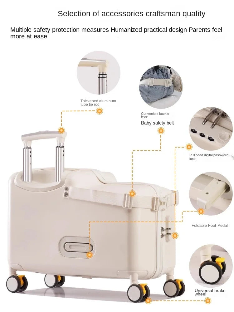 18-Inch Foldable Kids Suitcase with Seat – Lightweight PC Luggage for Boys & Girls, Compact Travel Pedal Boarding Case