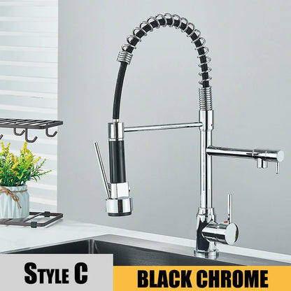 Black Kitchen Sink Faucet - Pull-Down Hot & Cold Water Mixer, 2-Mode Tap with Dual Spout, 360° Rotation, Flexible Deck Mounted