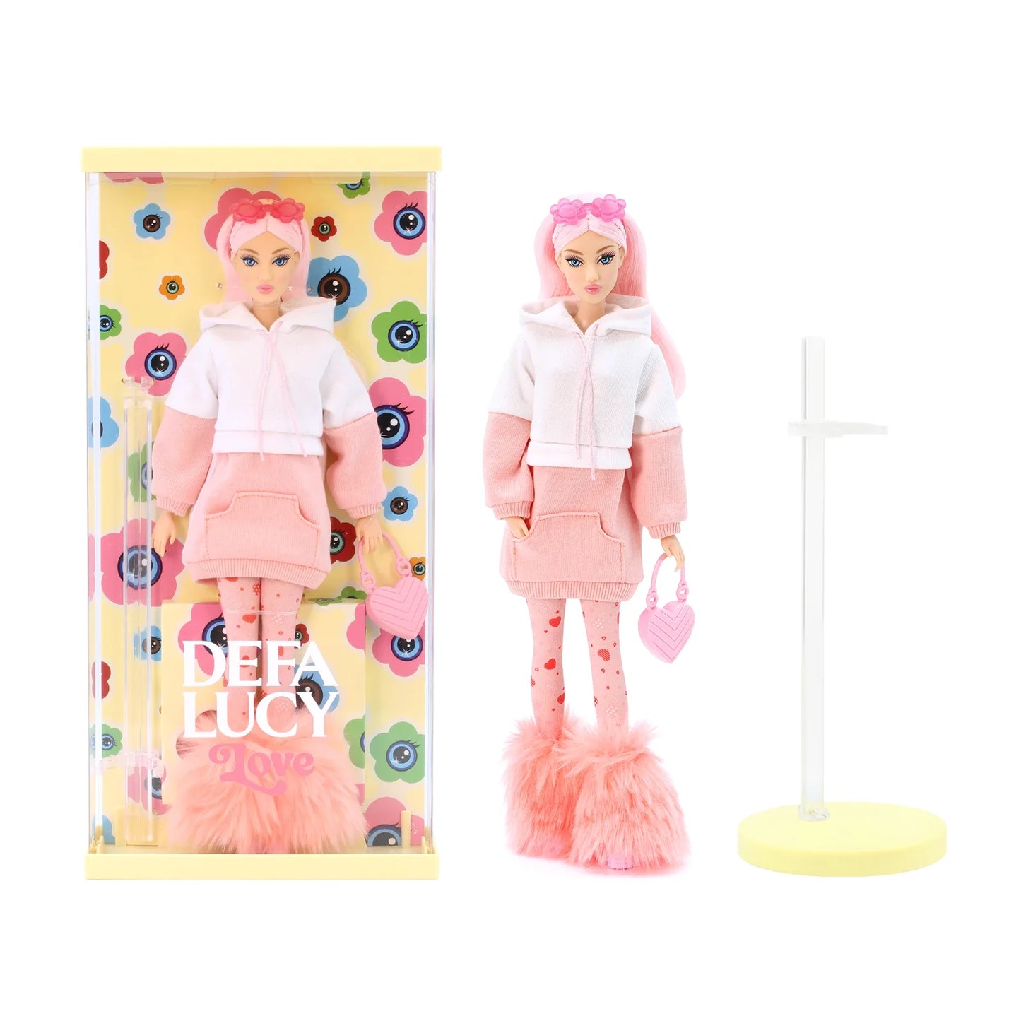 DEFA Lucy Love Fashion Doll – Pink Hoodie, Heart-Print Tights & Chunky Boots