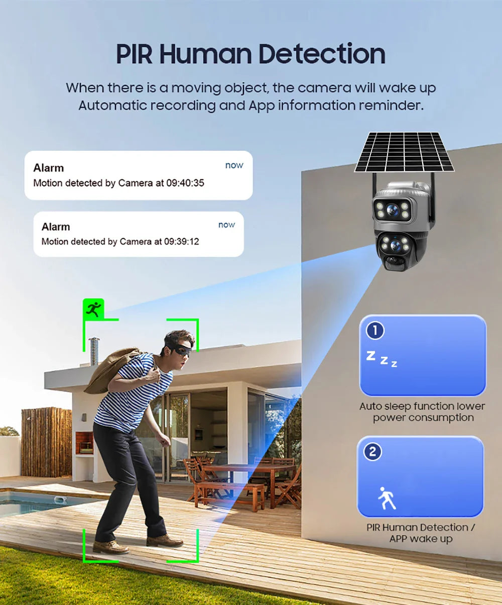 V380 Dual-Lens 4G Security Camera — 8MP 4K Solar IP Cam with PIR Motion Detection, Night Vision, Waterproof, Battery-Powered CCTV Monitor