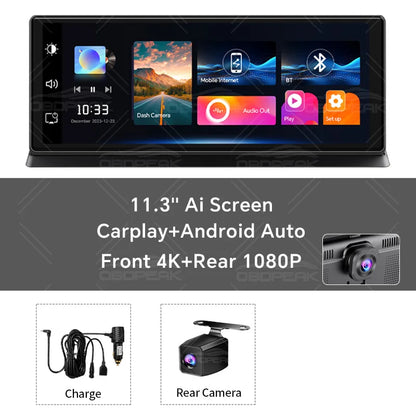 K2 Pro 11.3" 4K Dash Cam — Car DVR with Wireless CarPlay, Android Auto, 5G WiFi & GPS Navigation