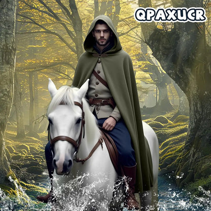 Men’s Medieval Hooded Cloak – Round Metal Buckle with Green Leaf Brooch Necklace for Halloween Costume